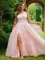 A-line One-Shoulder Charming Sleeveless Floor-Length Lace Prom Dresses