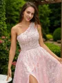 A-line One-Shoulder Charming Sleeveless Floor-Length Lace Prom Dresses