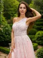 A-line One-Shoulder Charming Sleeveless Floor-Length Lace Prom Dresses