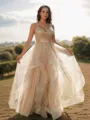 A-line V-Neck Subtle Sleeveless Floor-Length Open Back Prom Dresses