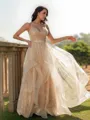 A-line V-Neck Subtle Sleeveless Floor-Length Open Back Prom Dresses