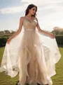 A-line V-Neck Subtle Sleeveless Floor-Length Open Back Prom Dresses