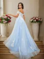 A-line Off-the-Shoulder Sleeveless Delicate Sweep Train Tulle Prom Dresses