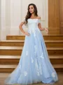 A-line Off-the-Shoulder Sleeveless Delicate Sweep Train Tulle Prom Dresses