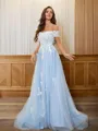 A-line Off-the-Shoulder Sleeveless Delicate Sweep Train Tulle Prom Dresses