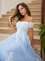 A-line Off-the-Shoulder Sleeveless Delicate Sweep Train Tulle Prom Dresses