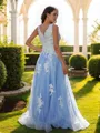A-line Beautiful V-Neck Sleeveless Sweep Train Tulle Prom Dresses