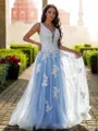 A-line Beautiful V-Neck Sleeveless Sweep Train Tulle Prom Dresses