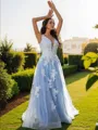 A-line Beautiful V-Neck Sleeveless Sweep Train Tulle Prom Dresses