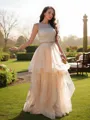 A-line Elegant Scoop Sleeveless Floor-Length Tulle Prom Dresses