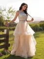 A-line Elegant Scoop Sleeveless Floor-Length Tulle Prom Dresses