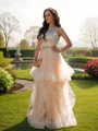 A-line Elegant Scoop Sleeveless Floor-Length Tulle Prom Dresses