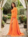 A-line V-Neck Beautiful Long Sleeves Sweep Train 30D Chiffon Prom Dresses