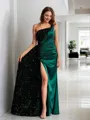Sheath/Column One-Shoulder Shining Sleeveless Floor-Length Velvet Sequins Prom Dresses