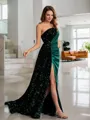 Sheath/Column One-Shoulder Shining Sleeveless Floor-Length Velvet Sequins Prom Dresses