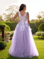Timeless A-line V-Neck Sleeveless Floor-Length Tulle Prom Dresses