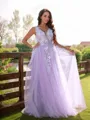 Timeless A-line V-Neck Sleeveless Floor-Length Tulle Prom Dresses