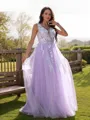 Timeless A-line V-Neck Sleeveless Floor-Length Tulle Prom Dresses