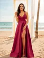 A-line V-Neck Refined Sleeveless Floor-Length Satin Prom Dresses