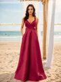 A-line V-Neck Refined Sleeveless Floor-Length Satin Prom Dresses