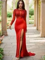 Trumpet/Mermaid Scoop Fitted Long Sleeves Sweep Train Open Back Jersey Prom Dresses