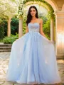A-line Spaghetti Straps Timeless Sleeveless Sweep Train Tulle Prom Dresses