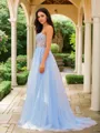 A-line Spaghetti Straps Timeless Sleeveless Sweep Train Tulle Prom Dresses