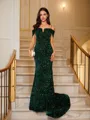 Sheath/Column Straps Twinkling Sleeveless Court Train Velvet Sequins Prom Dresses