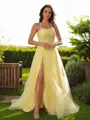 A-line Halter Sleeveless Sweep Train Classic Tulle Prom Dresses