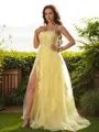 A-line Halter Sleeveless Sweep Train Classic Tulle Prom Dresses
