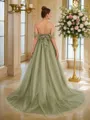 A-line Off-the-Shoulder Stunning Sleeveless Court Train Tulle Prom Dresses