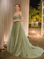 A-line Off-the-Shoulder Stunning Sleeveless Court Train Tulle Prom Dresses