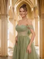 A-line Off-the-Shoulder Stunning Sleeveless Court Train Tulle Prom Dresses