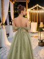 A-line Off-the-Shoulder Stunning Sleeveless Court Train Tulle Prom Dresses