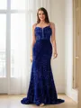 Sheath/Column Spaghetti Straps Coruscating Sleeveless Sweep Train Velvet Sequins Prom Dresses