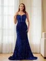 Sheath/Column Spaghetti Straps Coruscating Sleeveless Sweep Train Velvet Sequins Prom Dresses