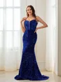 Sheath/Column Spaghetti Straps Coruscating Sleeveless Sweep Train Velvet Sequins Prom Dresses