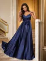 A-line V-Neck Sleeveless Floor-Length Silk like Satin Unique Prom Dresses