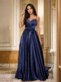 A-line V-Neck Sleeveless Floor-Length Silk like Satin Unique Prom Dresses