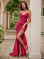 Sheath/Column V-Neck Glistening Sleeveless Sweep Train Velvet Sequins Prom Dresses