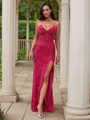 Sheath/Column V-Neck Glistening Sleeveless Sweep Train Velvet Sequins Prom Dresses