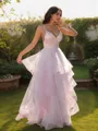 A-line V-Neck Sleeveless Simple Floor-Length Tulle Prom Dresses