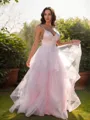 A-line V-Neck Sleeveless Simple Floor-Length Tulle Prom Dresses