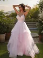 A-line V-Neck Sleeveless Simple Floor-Length Tulle Prom Dresses