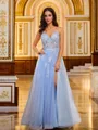 A-line V-Neck Simple Sleeveless Floor-Length Tulle Prom Dresses