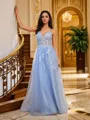 A-line V-Neck Simple Sleeveless Floor-Length Tulle Prom Dresses