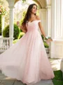 A-line Off-the-Shoulder Sleeveless Floor-Length Stunning Tulle Prom Dresses