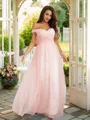 A-line Off-the-Shoulder Sleeveless Floor-Length Stunning Tulle Prom Dresses