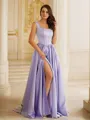 A-line Straps Balanced Sleeveless Sweep Train Satin Prom Dresses