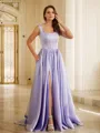 A-line Straps Balanced Sleeveless Sweep Train Satin Prom Dresses